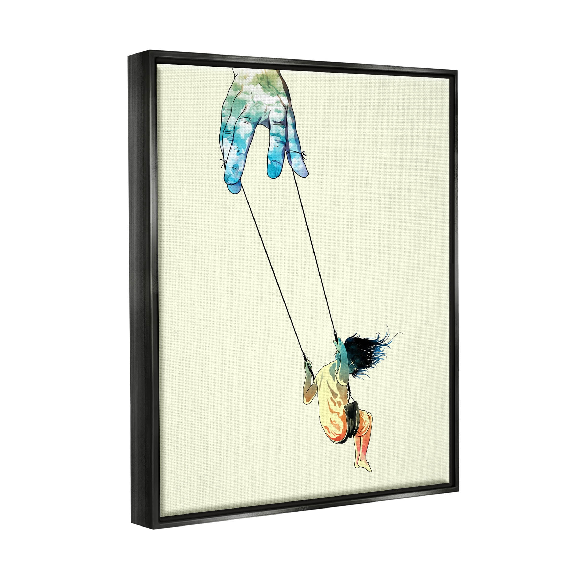 Stupell Industries Imaginative Marionette Girl On Swing Graphic Art Jet Black Floating Framed Canvas Print Wall Art, Design by Matheus Lopes Castro