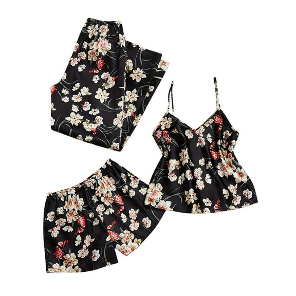 Jamicy Comfy Pajamas for Women Set Christmas Present 3 Piece Satin Pajama Set for Women Comfy Classic Floral Pajamas Cami Top Shorts Pants Sets Sleepwear Loungewear