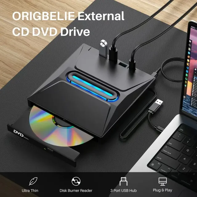 2024 New Luminous 3 USB 3.0 External CD DVD Drive, Typ C Portable CD/DVD+/-RW Drive/DVD Player Hub with SD Card Reader CD ROM Burner Compatible with Laptop Desktop Windows Linux OS Apple