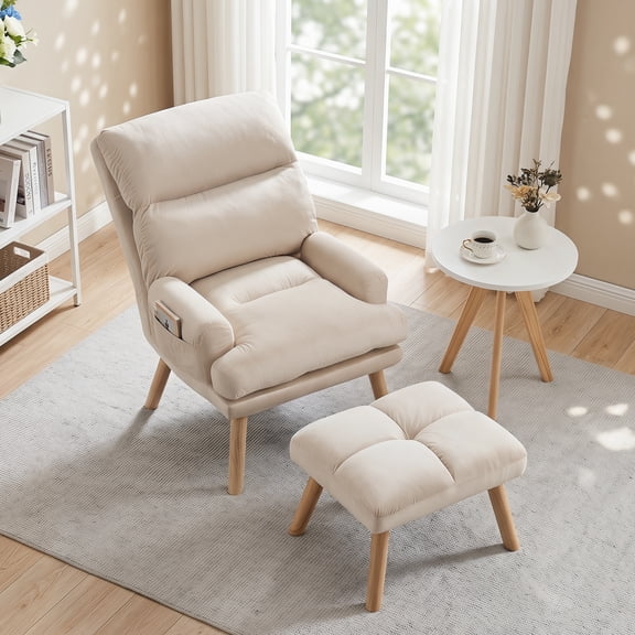 Ebello Adjustable Backrest Accent Chair, Modern Velvet Lounge Chair with Ottoman & Side Pockets for Living Room Bedroom, Beige