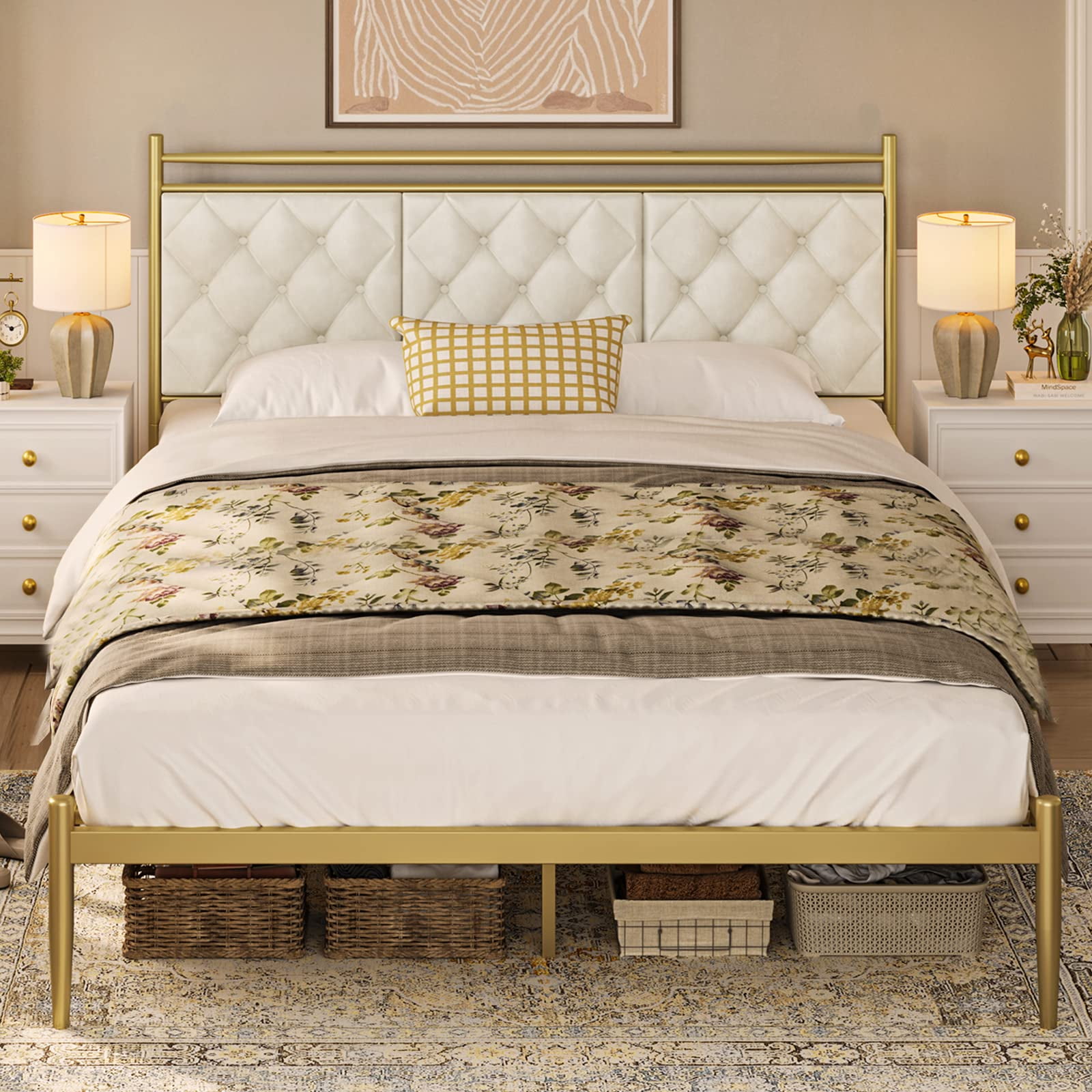 Queen Bed Frame with Upholstered Headboard,Metal Platform Bed Frame ...