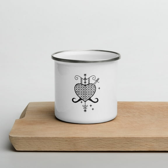 Erzulie Dantor Vèvè Enamel Cup - Stylish Camping Mug, Rustic Gift for Nature Lovers, Retro Coffee Cup, Outdoor Adventures, Heart Design