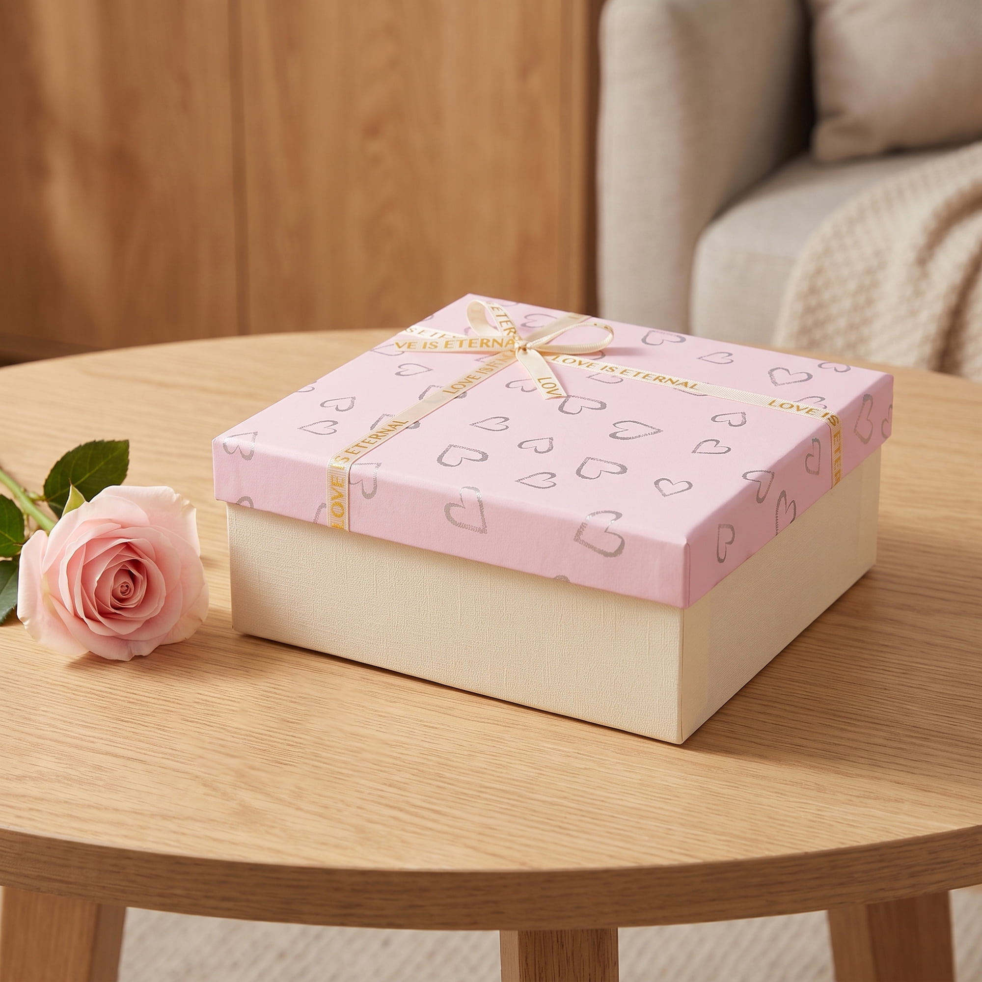 Unique Bargains Elegant Rigid Gift Box with Printed Ribbon Pink 7.9" x 7.1" x 3.1"
