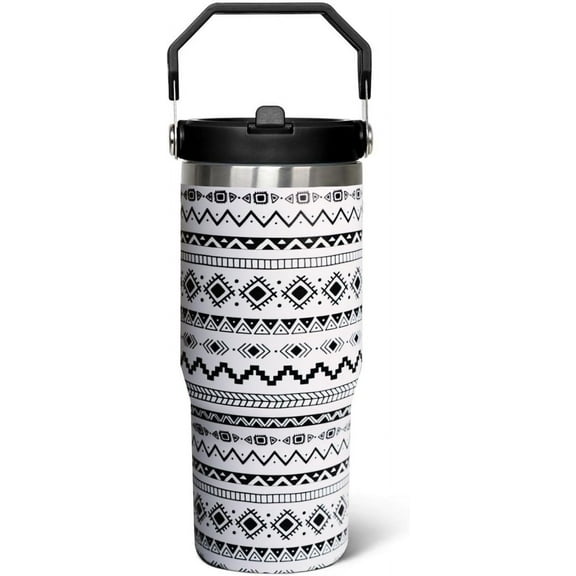 30 oz Flip StrawTumbler With Handle,Black White Boho Vacuum Insulated Leakproof FlipTumbler With Straw Cups Water Bottle CoffeeTravel Tumbler, Boho Decor/Accessories for Women