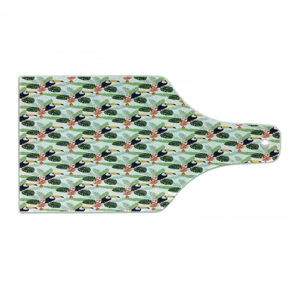 Tropical Cutting Board, Colorful Hawaiian Illustration of Toucan Birds Heliconia and Plumeria Flowers, Decorative Tempered Glass Cutting and Serving Board, in 3 Sizes, by Ambesonne