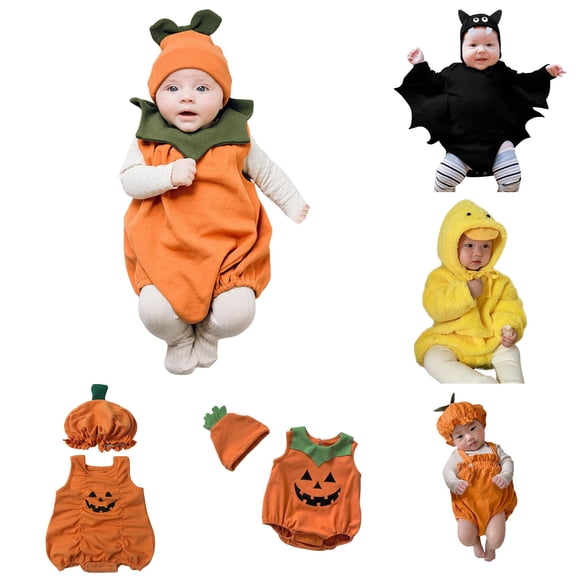Bigetiay Baby Girls Boys Halloween Pumpkin Romper With Hat Bodysuit Playsuit Clothes, Size 6-12 Months