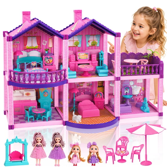 Dollhouse for Girls, 2 Storeys 5 Rooms Dollhouse Playset with 2 Dolls, Furniture, Accessories, DIY Pretend Play House Toys, Creative Gifts for Kids
