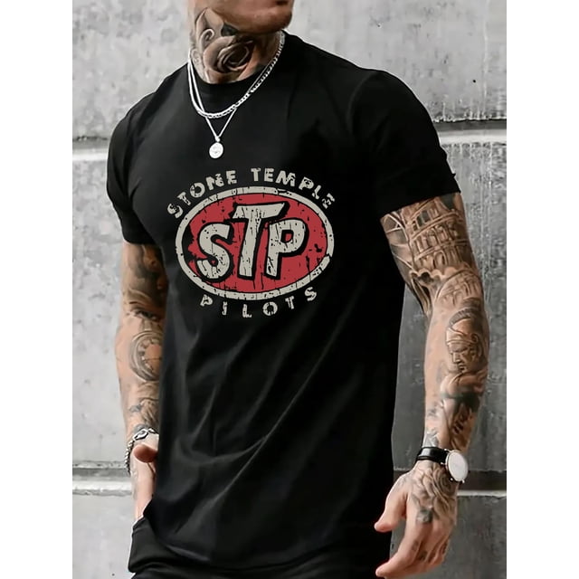 T-Shirt Graphique pour Hommes Stone Temple Pilots, Col Rond Manches Courtes, 100 % Polyester, Légèrement Extensible, Tenue d'Été, Coupe Régulière, 250gsm - Noir
