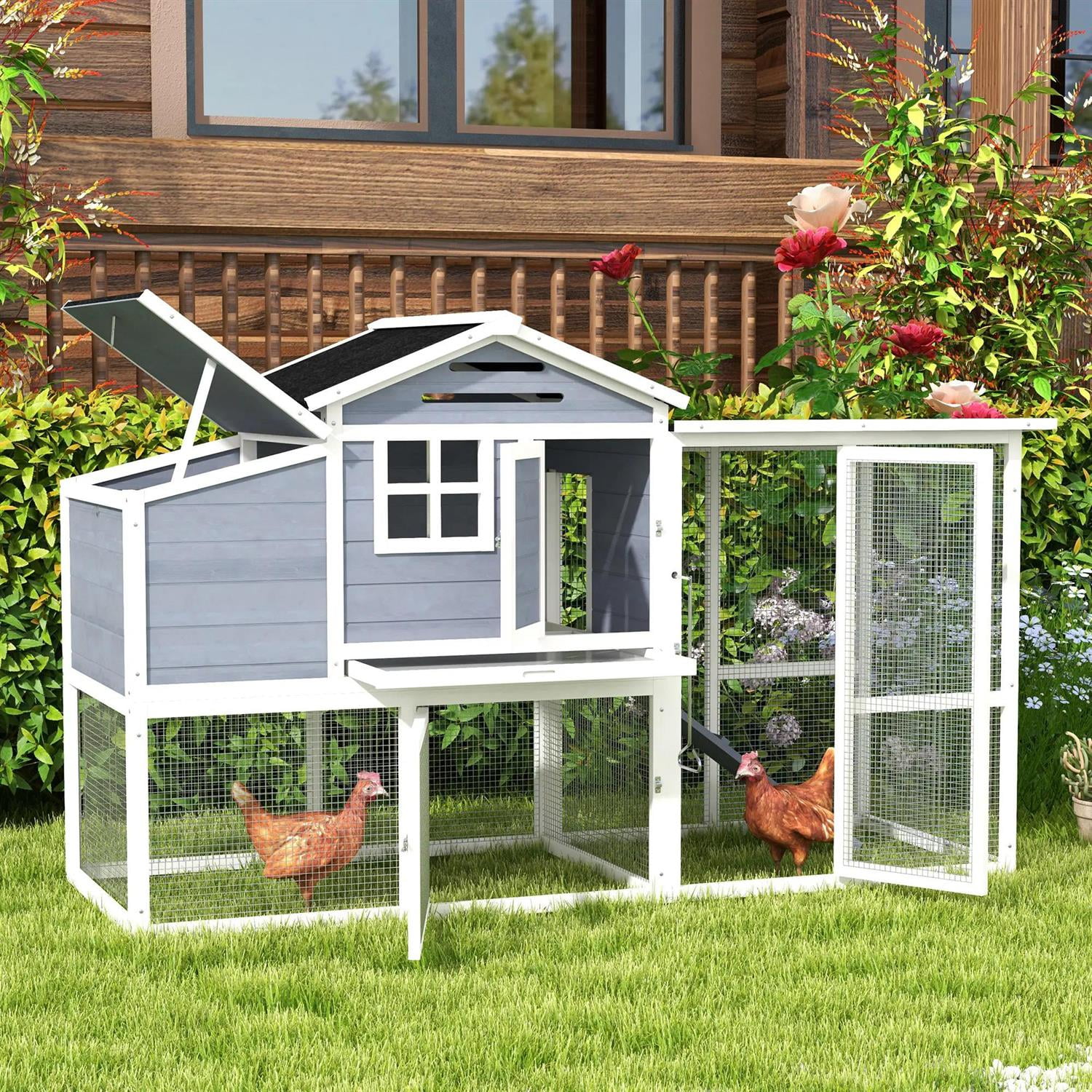 Pefilos 76" Large Chicken Coop Rabbit Hutch, Outdoor Wooden Poultry Cage Hen House with Nesting Box, Tray for Garden Backyard, Gray