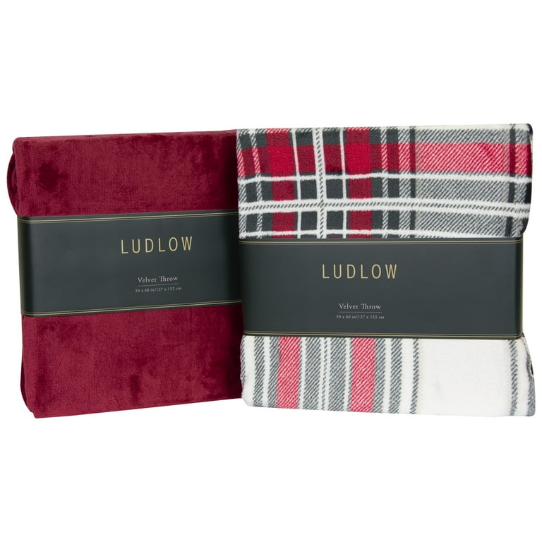 Ludlow 2 Piece Velvet Throw Blanket Set in Red and White Plaid 50 x 60 in