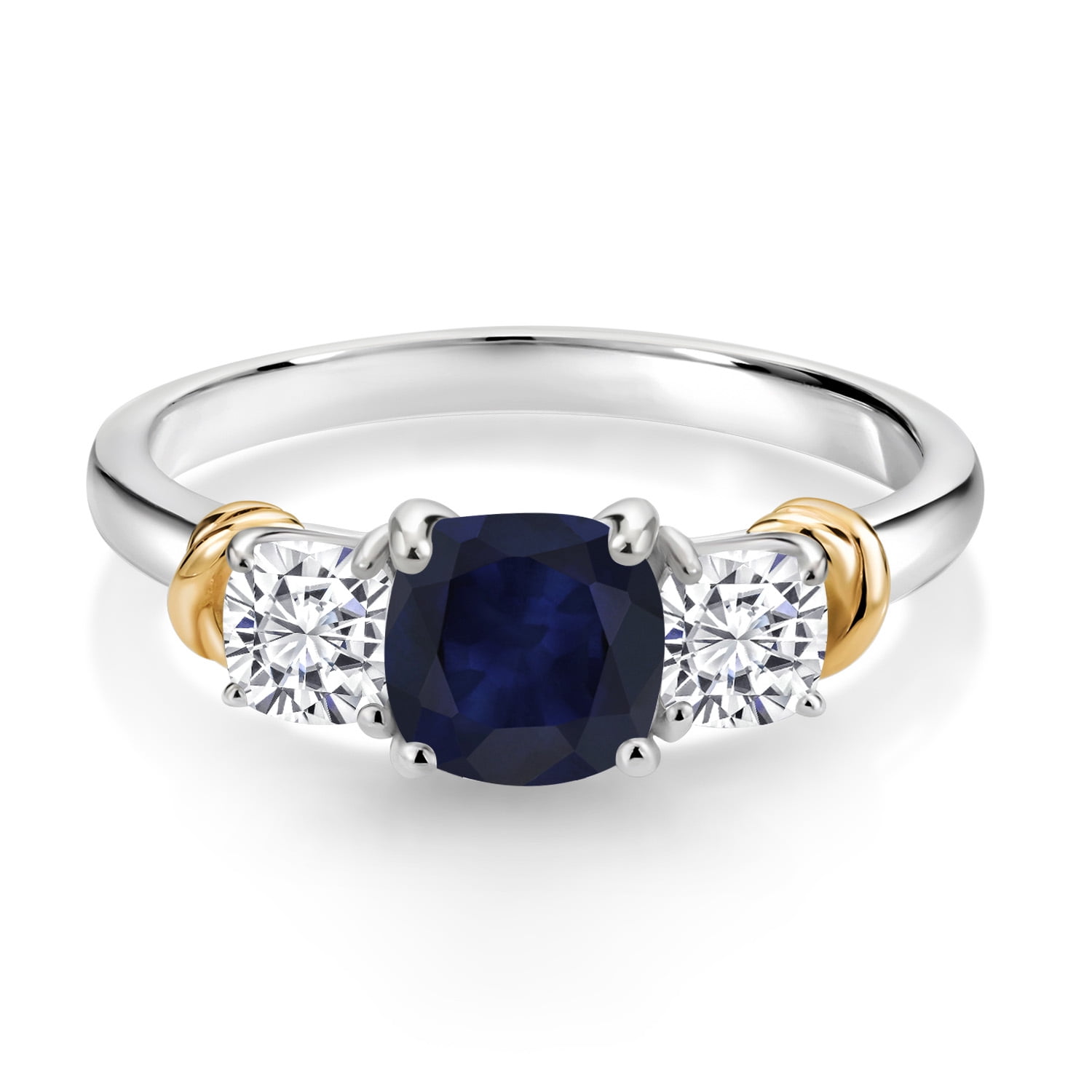 Gem Stone King 925 Sterling Silver and 10K Yellow Gold Blue Sapphire and White Moissanite 3 Stone Engagement Ring for Women (1.94 Cttw, Cushion Cut 6MM and 4MM, Available in Size 5, 6, 7, 8, 9)