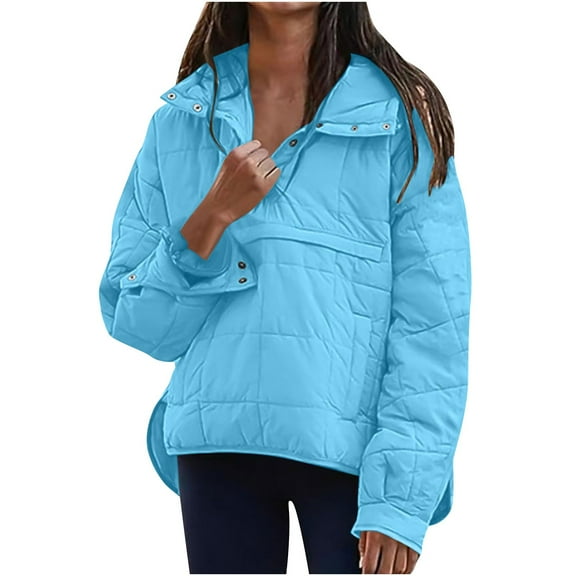 ZQUUVOU Women's Quilted Lightweight Pullover Solid Color Stand Collar Long Sleeve Snap Button Winter Comfort Top Blue