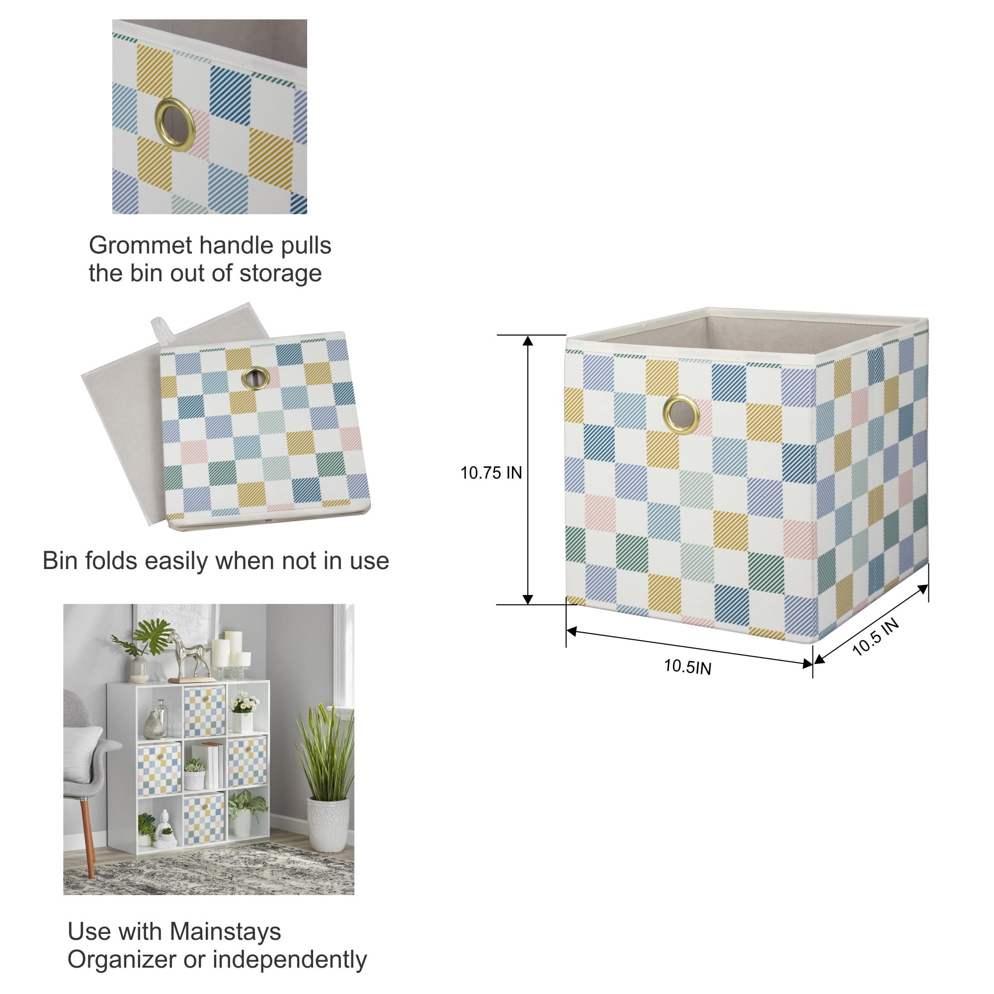 (2 pack) Mainstays Collapsible Fabric Cube Storage Bin, Multi Check, Closet Organizer with Metal Handle, 10.5 Inch