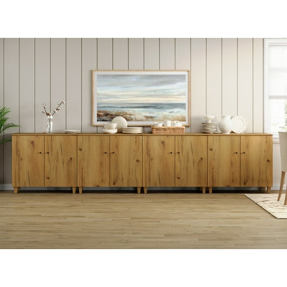 Sideboard Buffet Cabinet with 12 Compartments, 142" Wide, Oak Brown Wood Finish