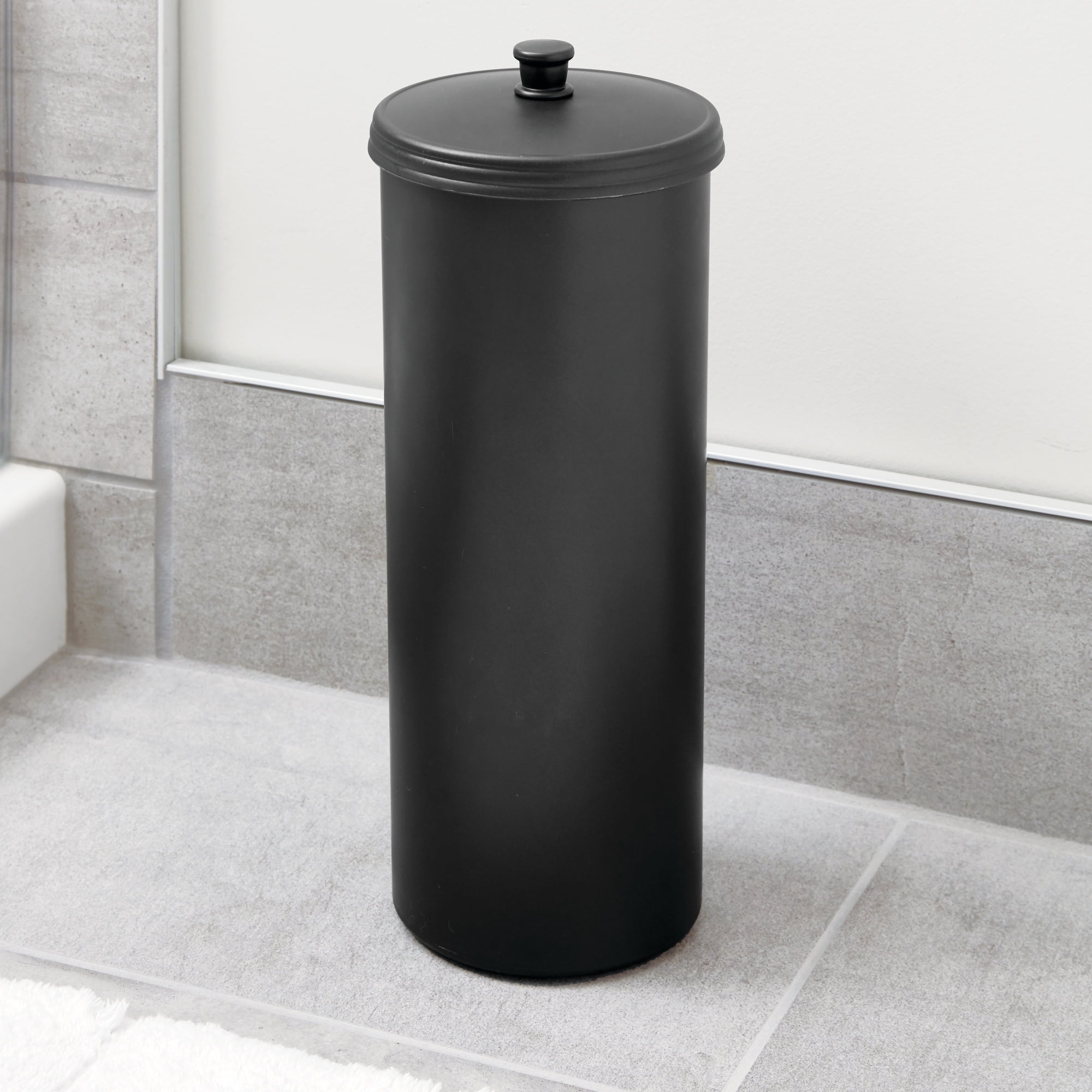 iDesign Toilet Paper Canister with Lid, Storage for 3 Rolls, 6.3'' x 15.5'', Matte Black
