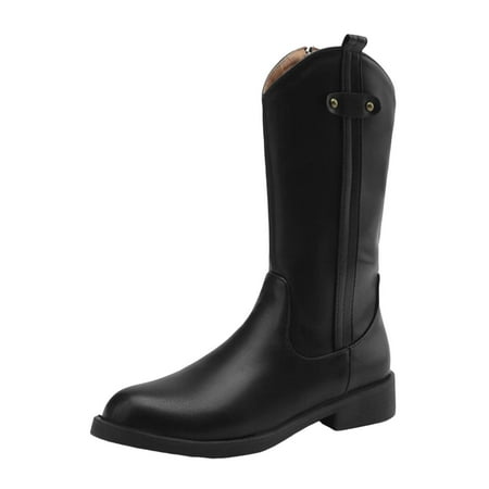 

PMUYBHF Ladies Solid Color Leather Round Toe Flat Heel Large Size Retro Mid Calf Boots Leather Boots Short Boots Western Boots 44.98