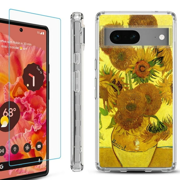 Shockproof Bumper Phone Case for Google Pixel 7, with Tempered Glass Screen Protector, by OneToughShield ® - Sunflower