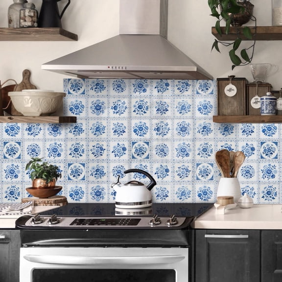 25 Sheets Tiles Decals Blue Floral Flowers Tile Stickers Self adhesive Waterproof Removable Wall Decor for Kitchen Bathroom Vinyl Peel and Stick
