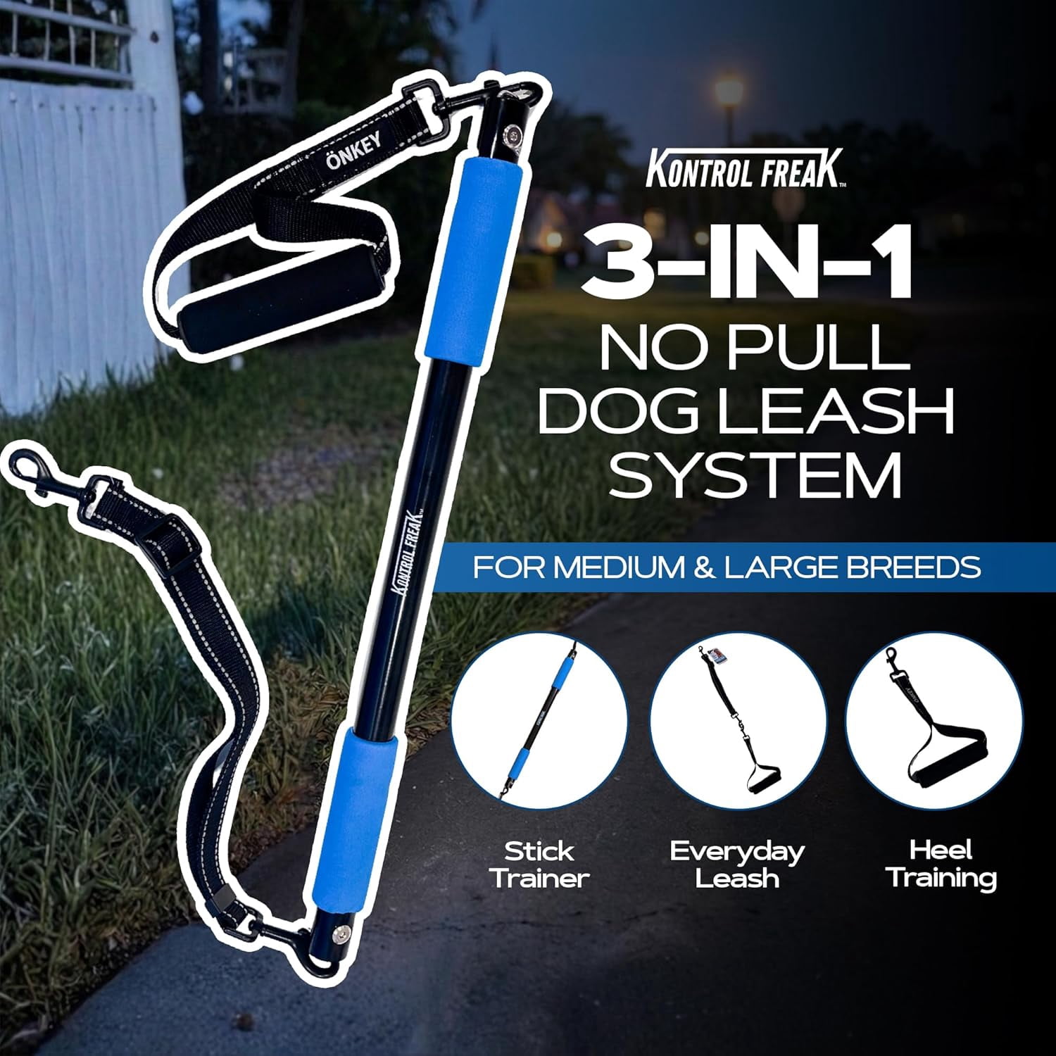 Kontrol Freak™ 3-in-1 Modular Dog Training Leash – Patented Stick Trainer to Stop Pulling, Heel Training Lead, Converts to Regular Leash – Reflective, Comfort Grip – Medium & Large Dogs