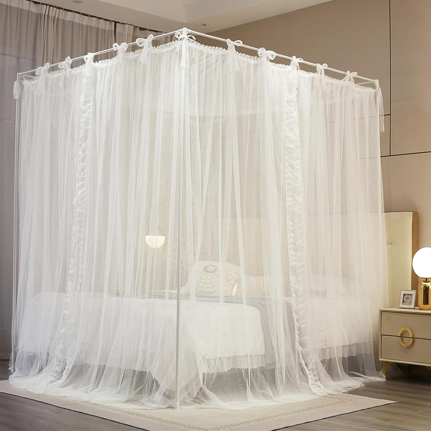 4 Corners Post Princess Curtain Bed Canopy Lace Up Double Layer 4 Opening Mosquito Net Mesh for Girls Bedroom Decoration(White, 59" W*82" L*82" H/Queen)