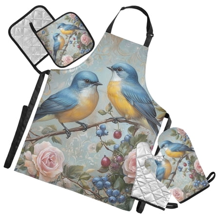 Birds Sitting on Roses Retro Valentine Apron Set with Oven Mitts Pot Holders Set of 5 Kitchen Stuff Accessories
