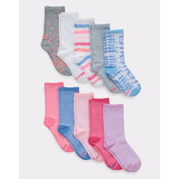 Hanes Ultimate Girls' Crew Socks, Fashion Assortment, 10-Pairs Assorted L