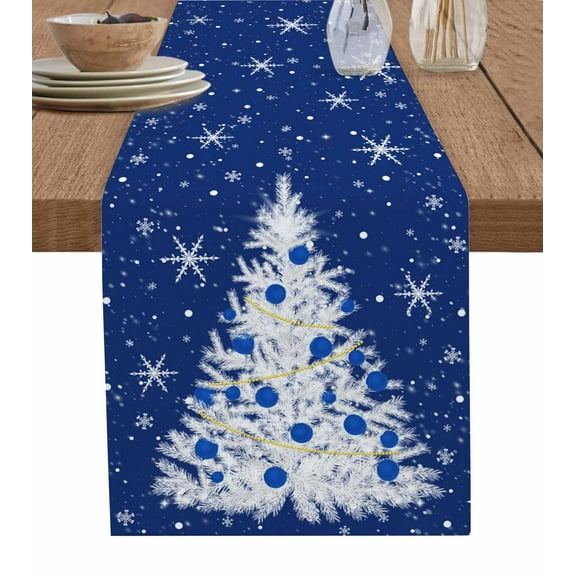 Table Runner 72 Inches Long for Kitchen Dining, Navy Blue Christmas Tree Dresser Scarf Farmhouse, Dining Table Decorations for Wedding/Parties, Balls Snowflake Xmas Tree 18 x 72 In