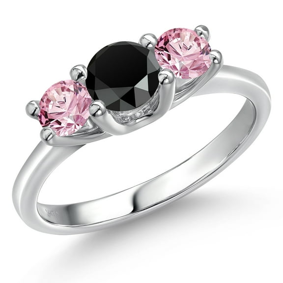 Gem Stone King 14K White Gold Black Onyx & Pink Lab Grown Diamond 3-Stone Engagement Ring | 0.98 Cttw | Round 5MM and 4MM | Three Stone Wedding Anniversary Promise Ring for Women (Size 7)