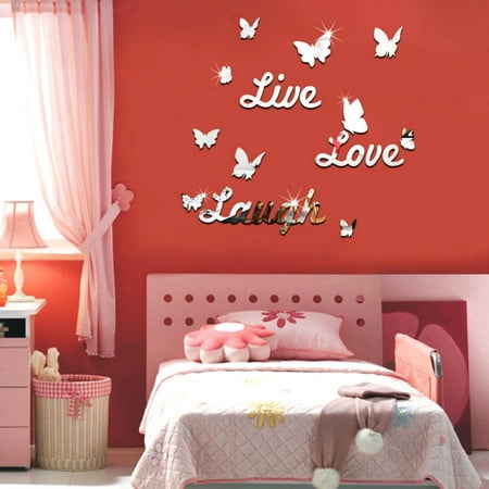 3D Silver Mirror Wall Stickers Live Laugh Love Quote & 10Pcs Butterflies Home Kids Room Art Decor