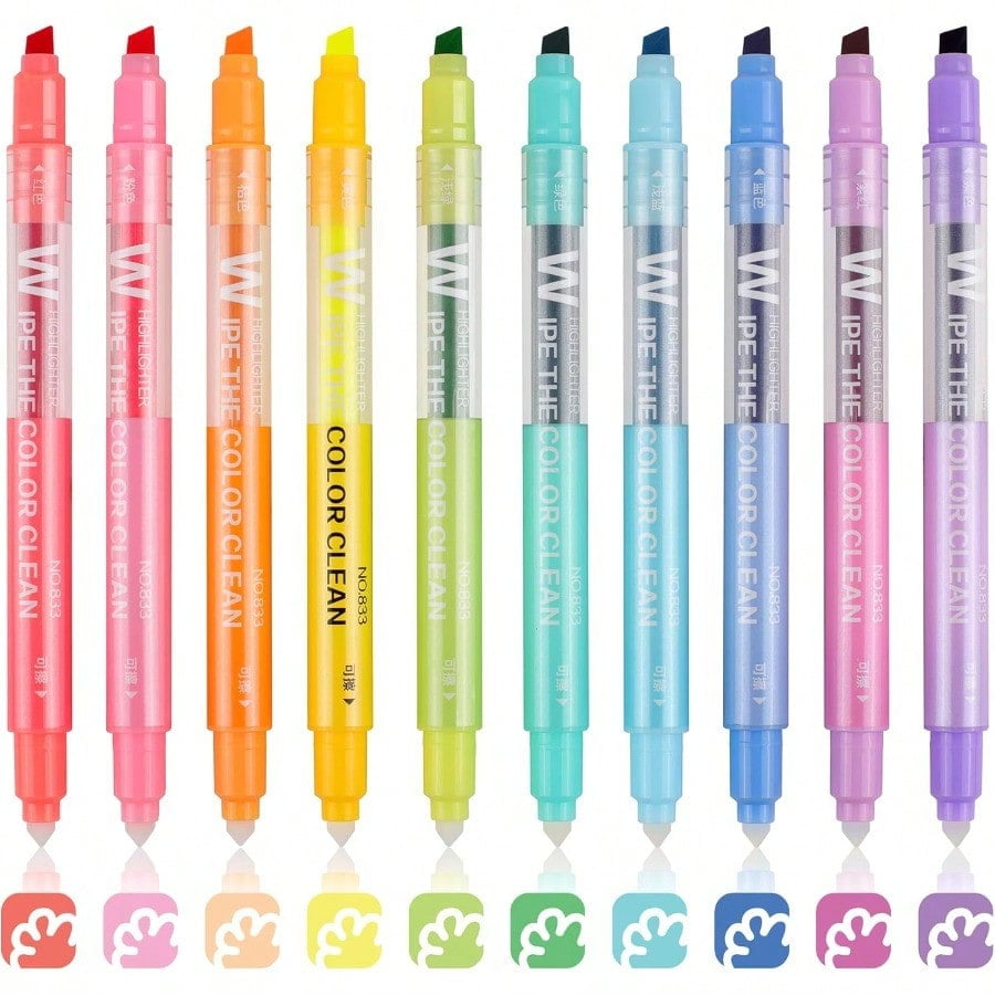 Erasable Highlighters Dual Tip 10 Pack Highlighters Assorted Colors Erasable Smooth Writing Book Journaling No Bleeding Highlighter Pens for Bible Journal Planner