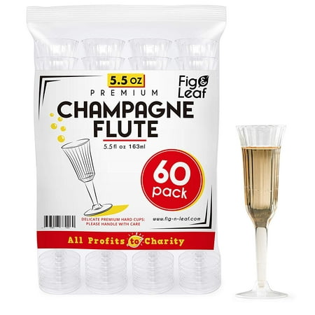 Champagne Flutes Crystal Fig & Leaf (60 Count) Premium Champagne Flutes 5.5-Ounce Hard Plastic l Two Piece l Crystal Clear Champagne Glasses 5.5-OZ l Perfect for Mimosas Moscato Cocktails Wine Wedding ()