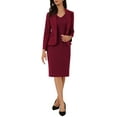 thumbnail image 1 of Conjuntos de trajes INSPIRE CHIC para mujeres, 2 piezas, blazers de trabajo sólidos con escote en V, vestidos en color rojo oscuro, 1 of 5