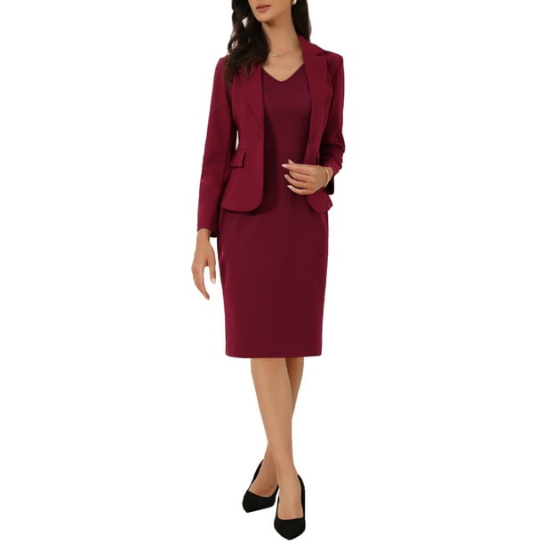 Conjuntos de Traje INSPIRE CHIC para Mujeres, 2 piezas, Blazer de Trabajo con Escote en V, Vestidos Sólidos, XL Rojo Oscuro