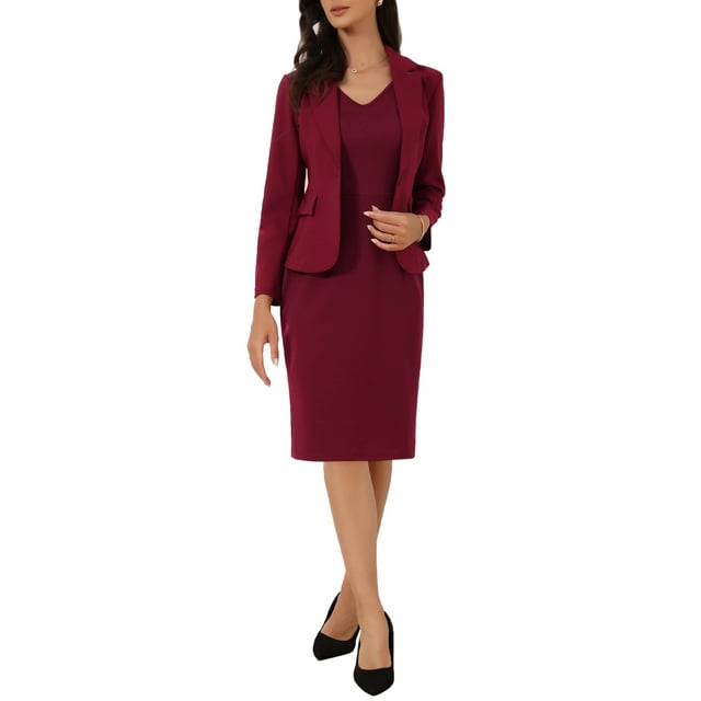 Conjuntos de trajes INSPIRE CHIC para mujeres, 2 piezas, blazers de trabajo sólidos con escote en V, vestidos en color rojo oscuro