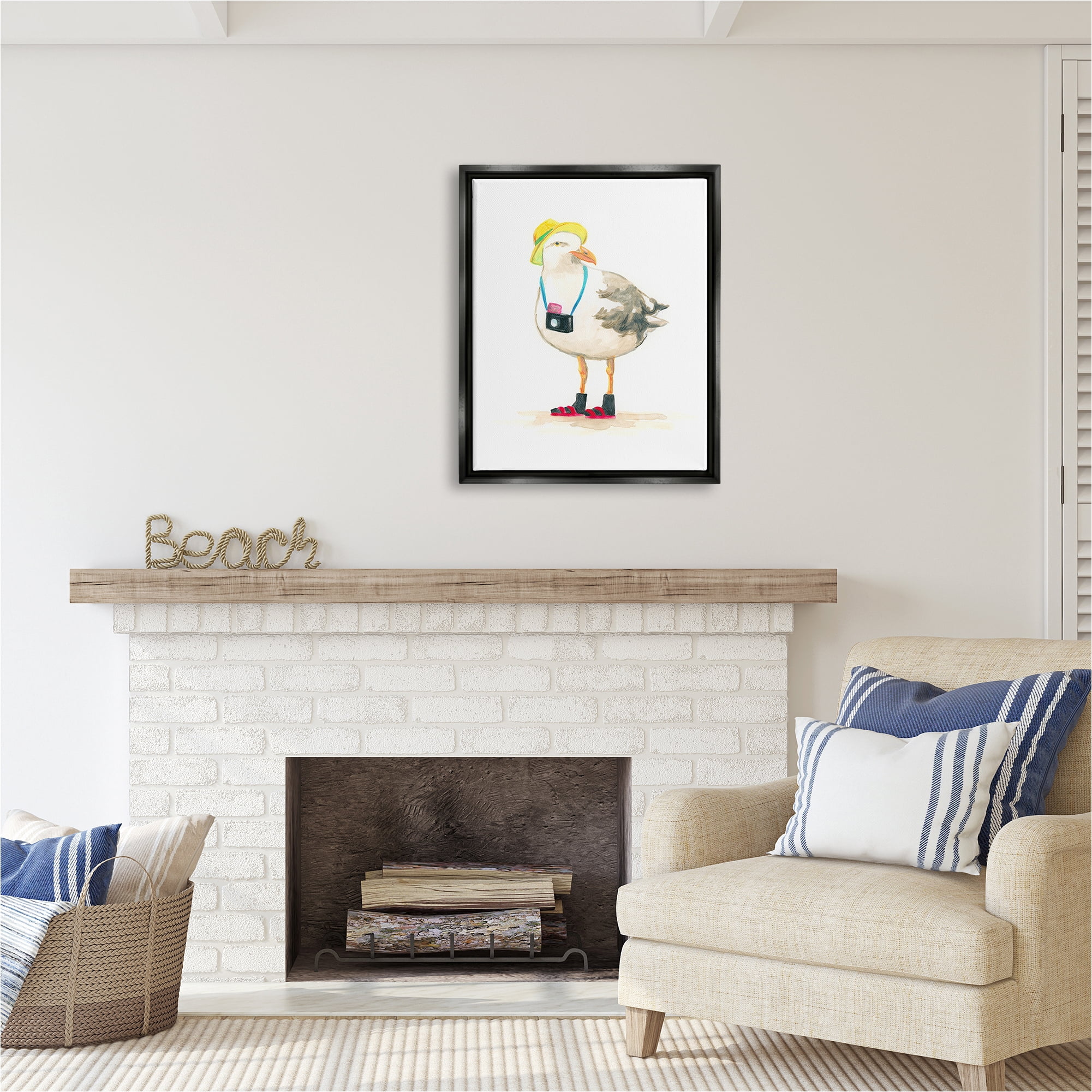 Stupell Industries Tourist Seagull & Camera Animals & Insects Painting Black Floater Framed Canvas Art Print Wall Art, 25 x 31