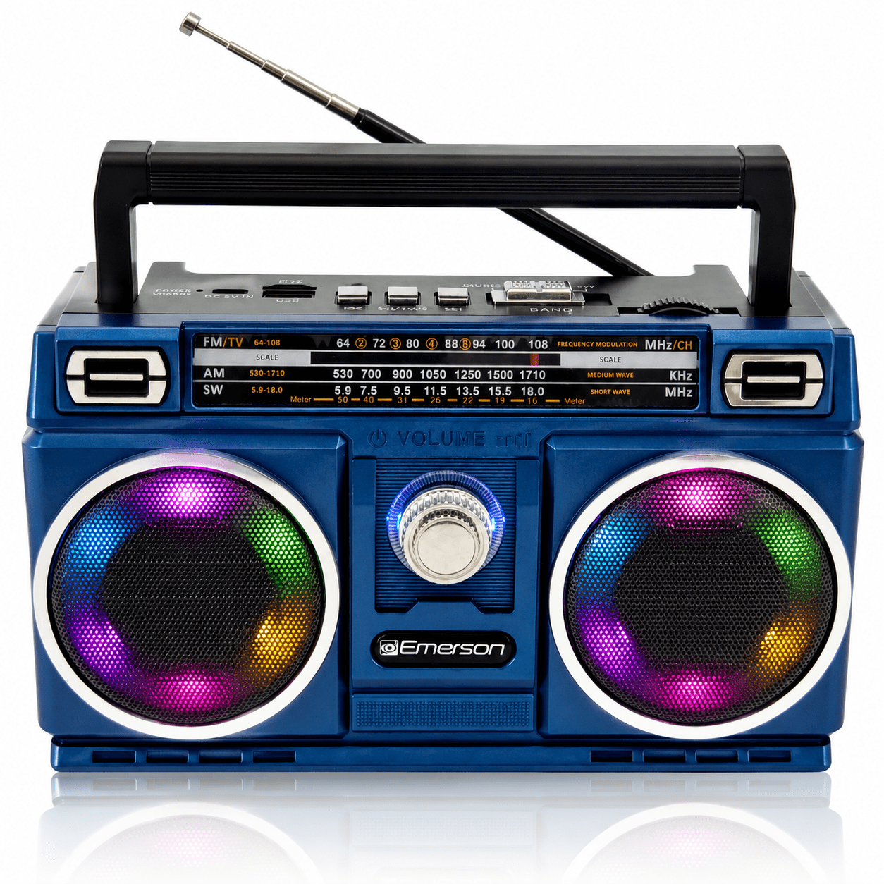 Emerson Portable Bluetooth Radio Boombox with 4-Band AM/FM/TV/SW Shortwave Radio, Rechargeable Battery, USB & TF Card MP3 Playback, and LED Color Lights