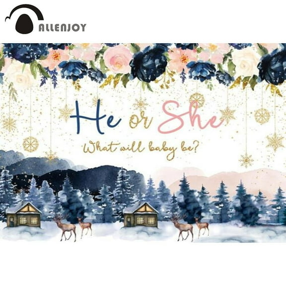 Allenjoy Winter Gender Reveal Party Backdrop Navy and Pink He or She What Will Baby Be Floral Snowflake Banner r Supplies