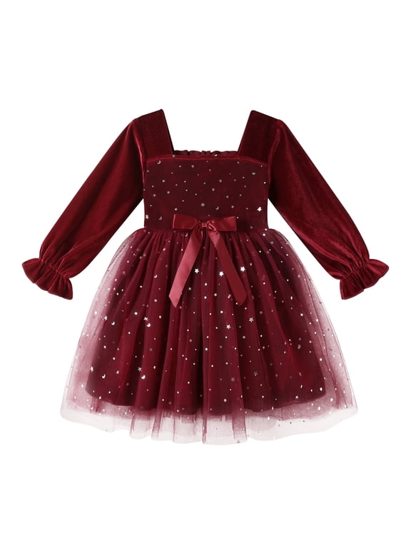 Baby Girl Tutu Dress Toddler Fall Long Sleeve Square Neck Bowknot Princess Birthday Party Dresses for 3-4T