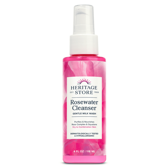 Heritage Store Rosewater Facial Cleanser, pH Balanced Milk Wash Purifes & Nourishes with Squalane & Rose Complex, Dry to Combination Skin Care, 60-Day Money-Back Guarantee, Vegan & Cruelty Free, 4oz