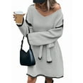 thumbnail image 3 of Tie-Waist Loose Knitted V-Neck Long Sleeved Autumn Dress Contrast Sleeves Pullover Sweater Dress Light Gray L, 3 of 9