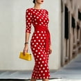 thumbnail image 5 of BLTIBY Elegant 3/4 Sleeve Midi Dress Women Polka Dot Vintage Boat Neck Waisted Slim Fit Dresses with Waist Sash for Office Cocktail Party Anniversary Evening Gowns Red 3XL, 5 of 6