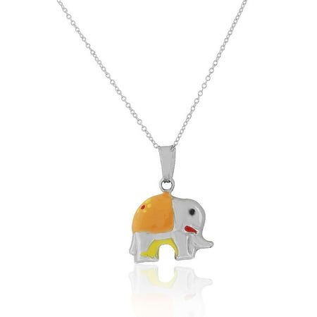- 925 Sterling Silver 3D Orange Yellow Enamel Elephant Charm Pendant Necklace, 18