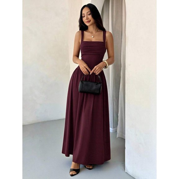 Petite Womens Maroon Solid Square Neck Ruched Flared Maxi Dress For Spring Summer