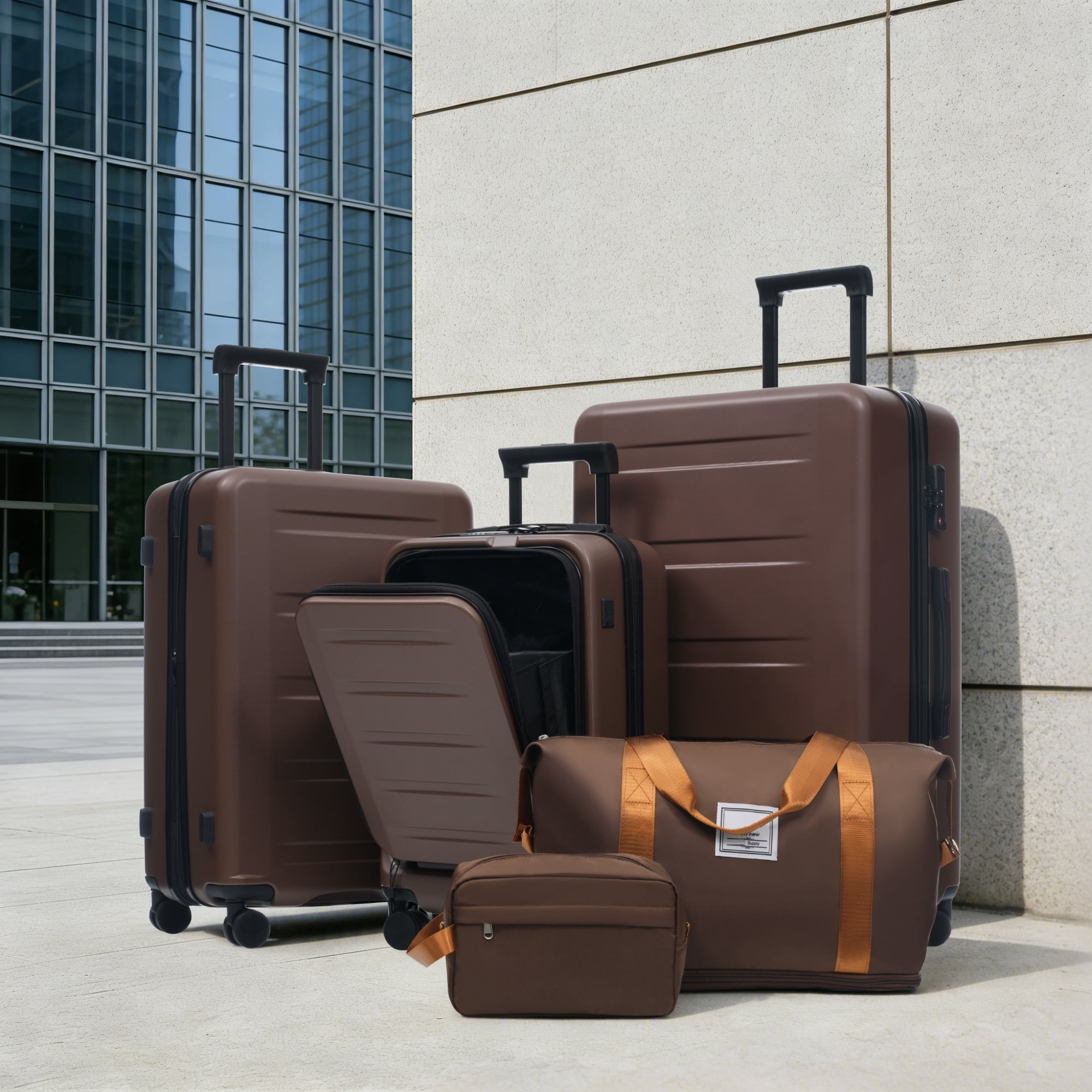 Euroco 5 Piece Front Opening Luggage Sets, Hardside Expandable Carry On Suitcase Set with USB Port,TSA Locks, Spinner Wheels and 2 Bags,Lightweight Travel Luggage for Men Women(20"/24"/28"),Brown