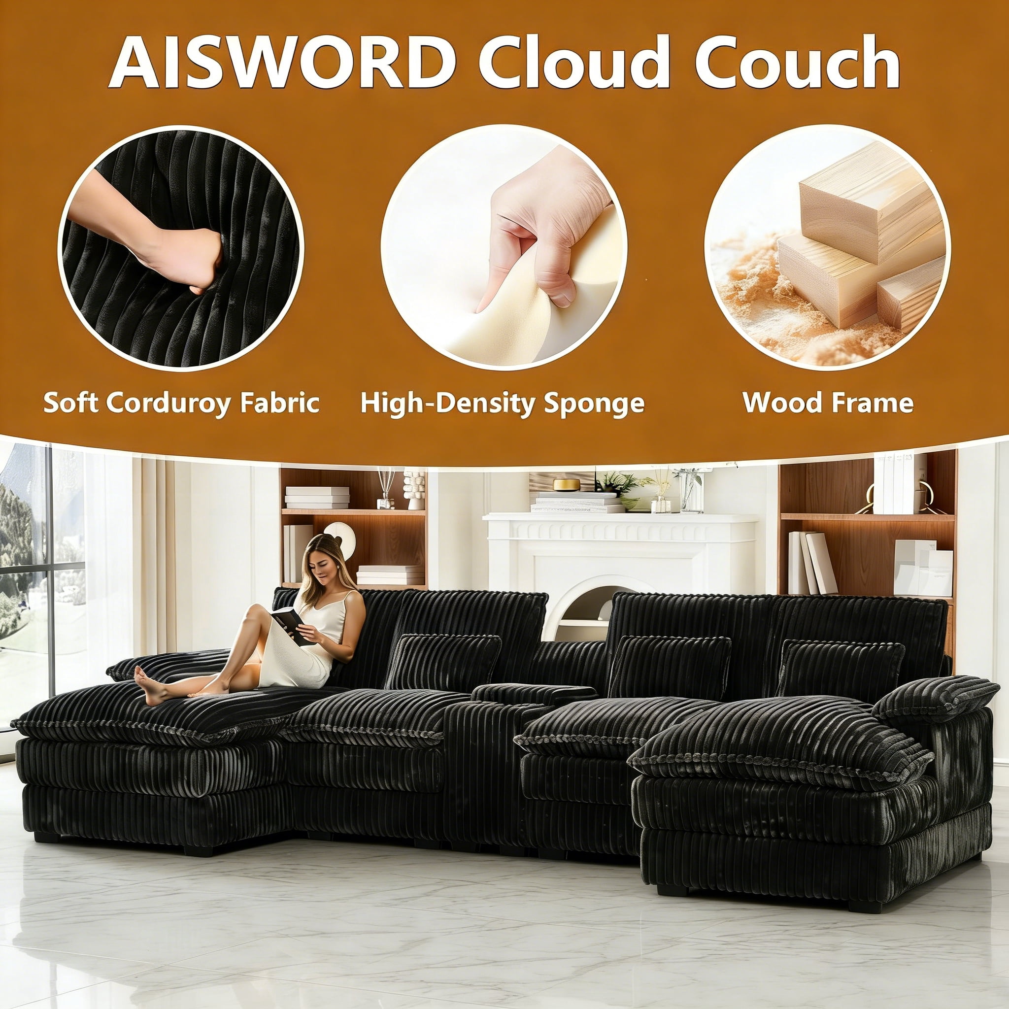 Aisword 124" U Shaped Cloud Couch Sectional with USB Charging, Hidden Storage, Cup Holders & Chenille Double Chaise, Grey
