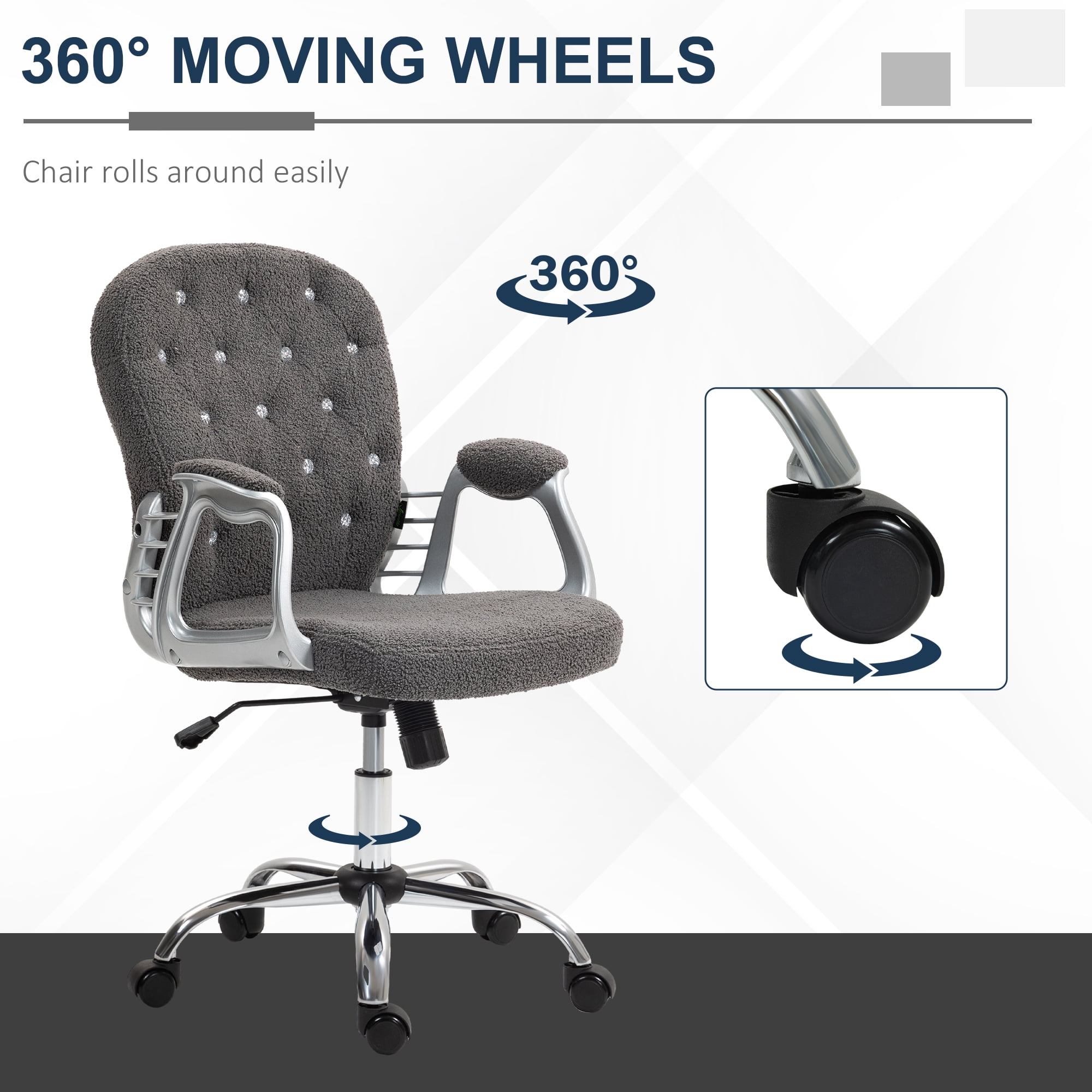 Teddy Fleece Home Office Chair, Button Tufted Desk Chair with Padded Armrests, Adjustable Height and Swivel Wheels, Dark Gray