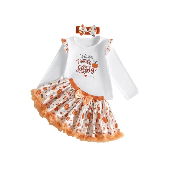 Miaouyo Toddler Girl Thanksgiving Outfits Long Sleeve Tops Pumpkin Print Skirt