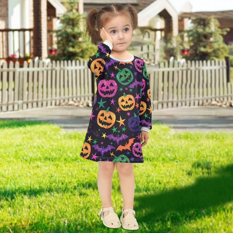 Mnsruu Girls' Long-Sleeved Dress Halloween Pumpkins Glittery Stars Bats Neon Girls' A-Line Dress with Ribbed Cuffs Soft and Comfortable, Girl's, Size: