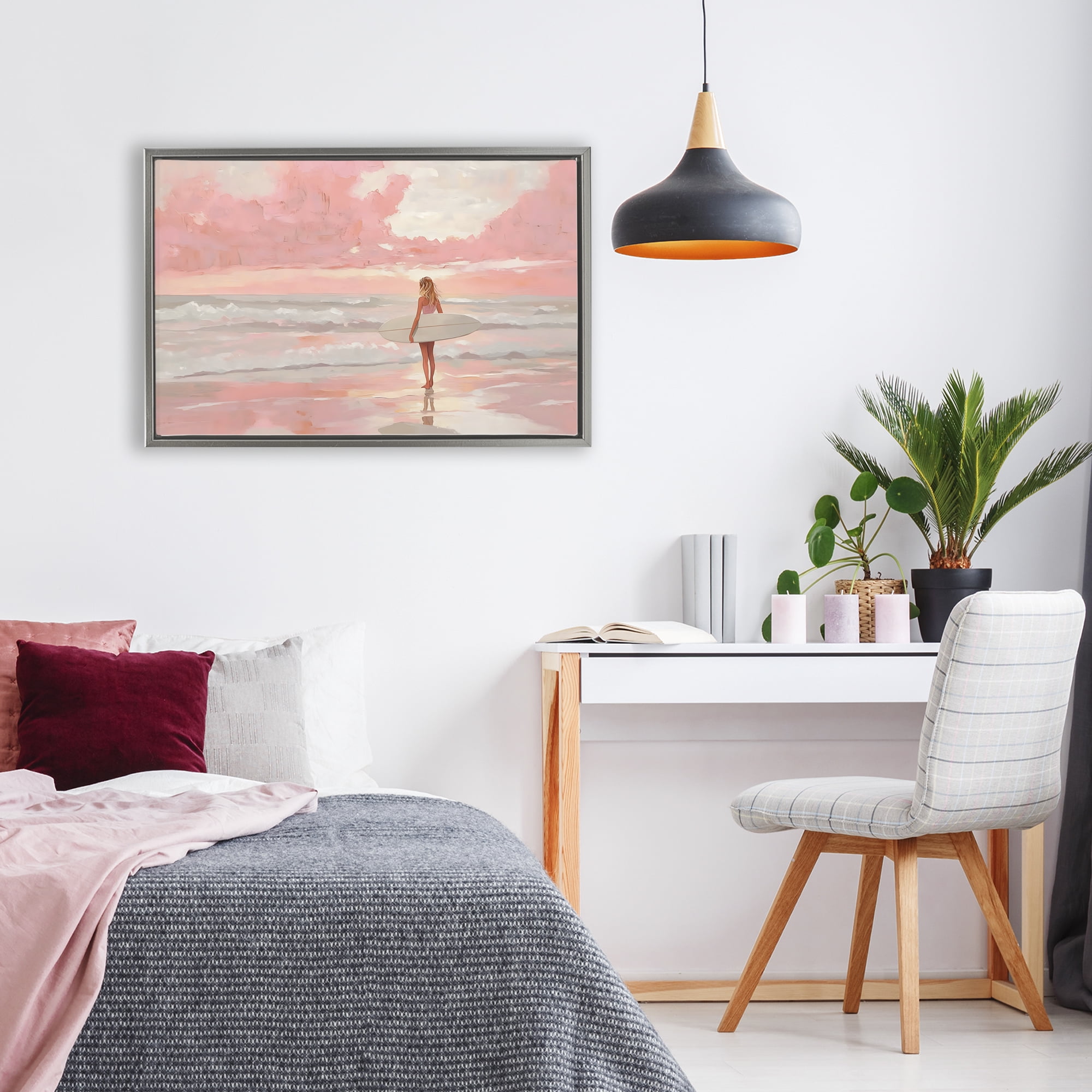 Pink Sky Surfer Gray Framed Floater Canvas Wall Art, design by LSR Design Studio