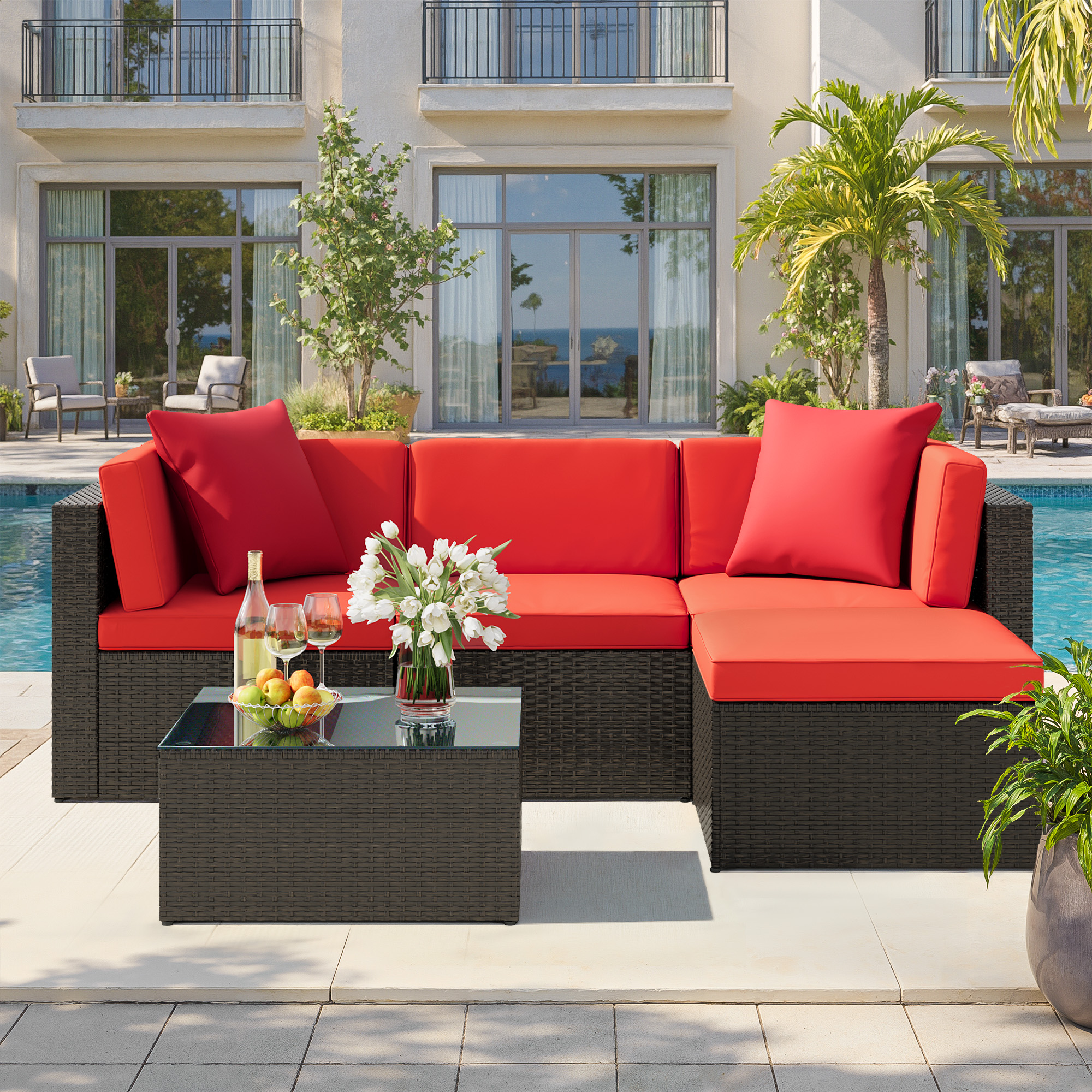 Lacoo 5 PCS Patio Outdoor Furniture Wicker Sectional Sofa With Cushion, Red